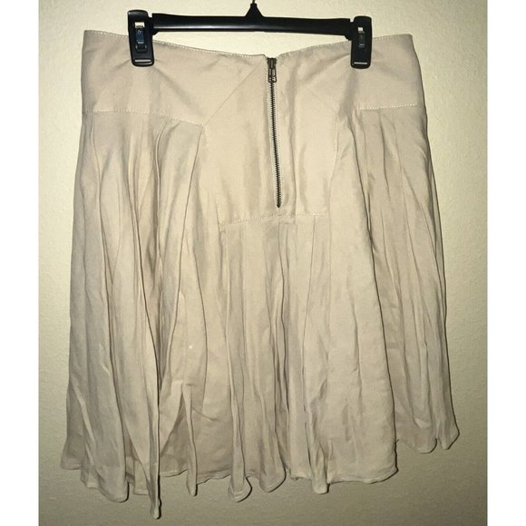 Linen Blend Pleated Skirt Big Zipper Khaki Tan Flare Western Boho Size 12 Greece - Picture 6 of 9